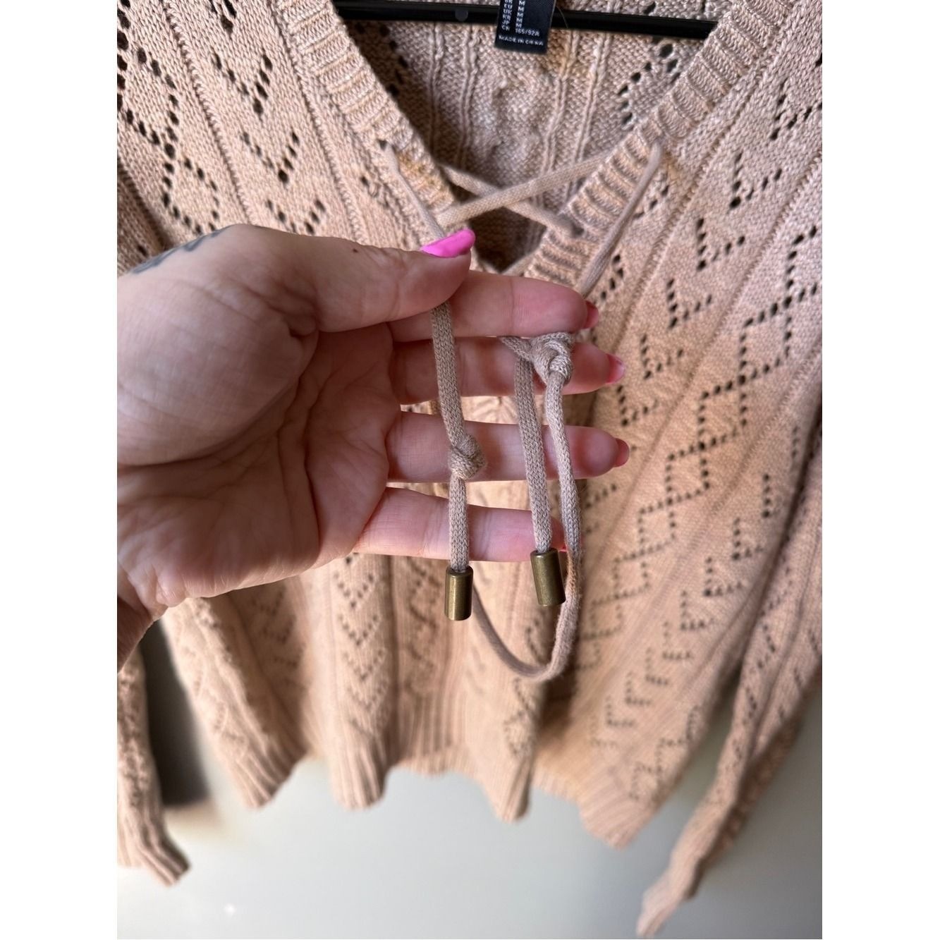 Boho Coquette Women’s Medium Pointelle Knit Lace-Up Sweater Blush Pink