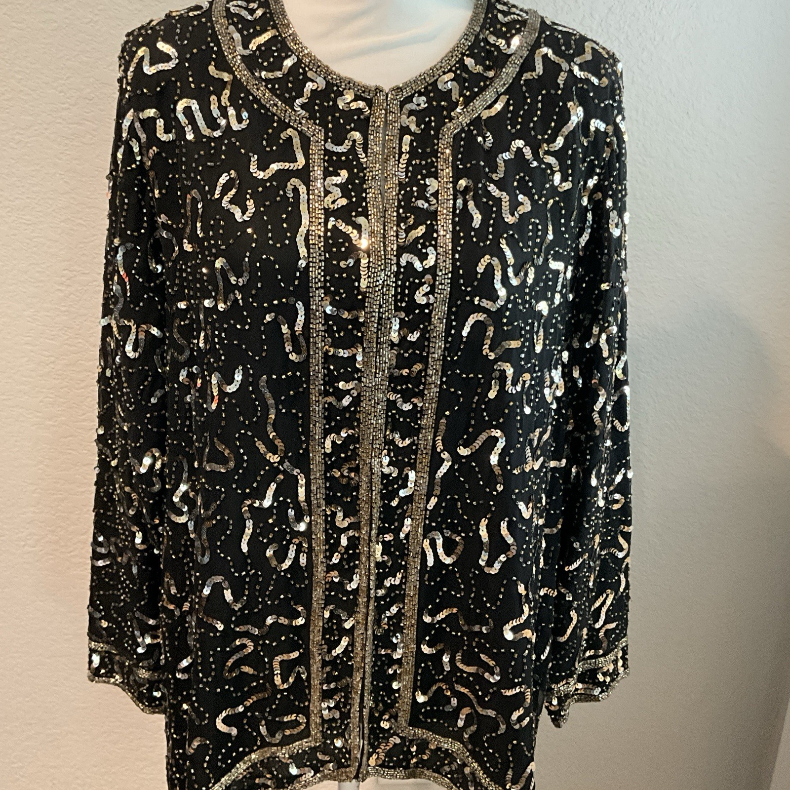 Vintage 90s Black Gold 100% Pure Silk Beaded Sequin Evening Party Jacket XL
