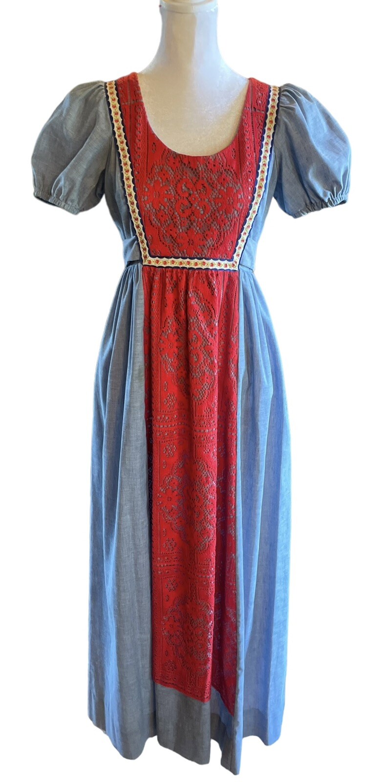 VINTAGE Joy Stevens CA boho maxi dress Blue Red Pinafore Lace Crochet Puff 3/4