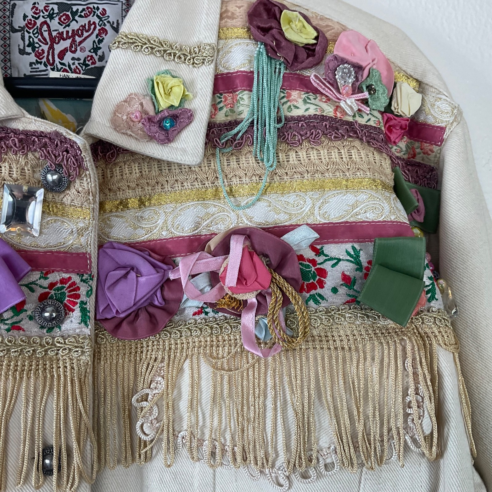 Vtg 90’s Joujou Cream Cropped Denim Jacket Lace Ribbon Tassels Embellished Sz M