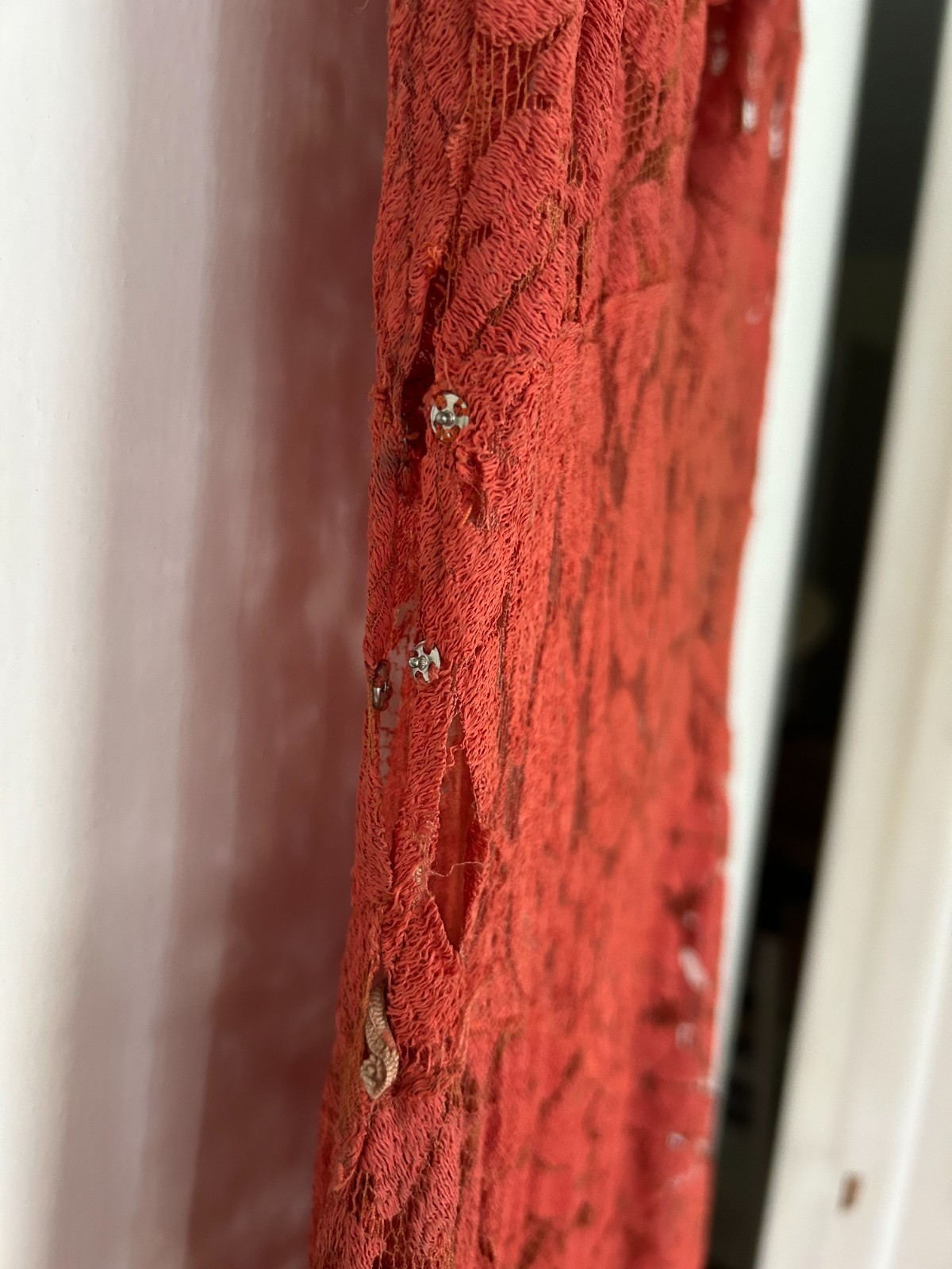 Vintage 30’s long coral lace sleeveless dress matching fur trim lace cape XS-S