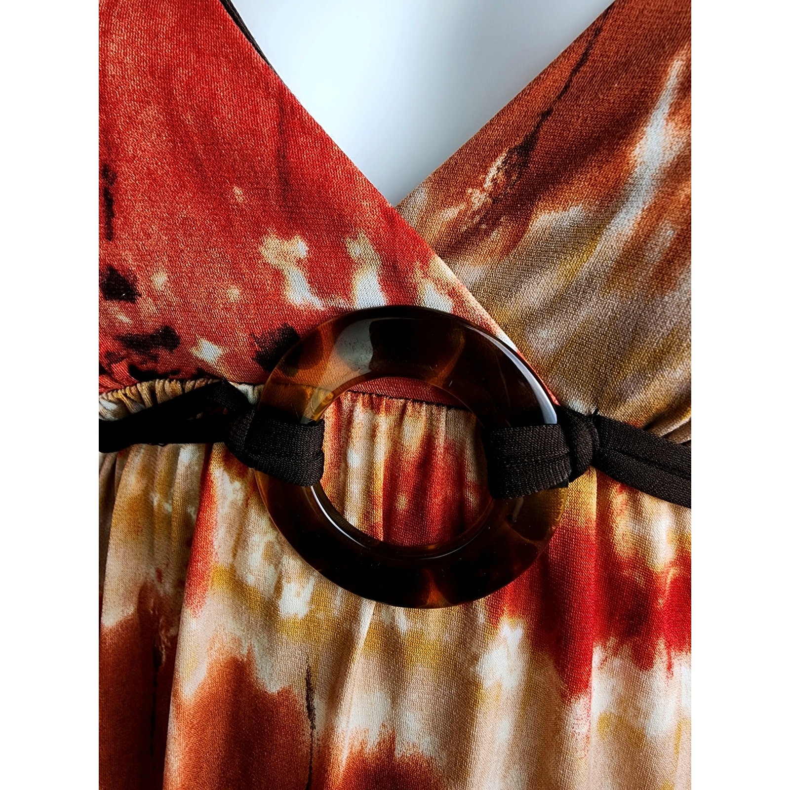 Vintage Y2K Fire Tie Dye Red Rust Brown Tortoise Shell Bead Maxi Dress by BCX