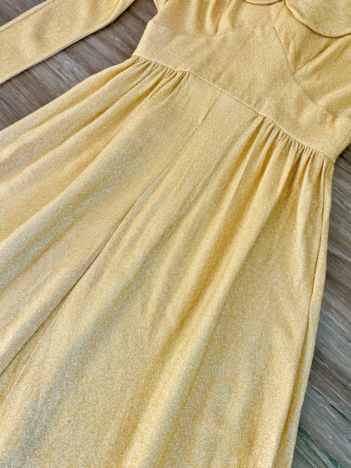 Vintage 1970s Gold Sparkly Dress Lurex Collar Glam Glamorous Maxi 70s Disco