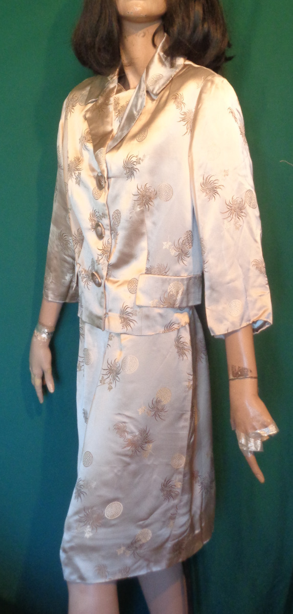 Vintage Tan Satin Brocade Dress and Matching Jacket B36