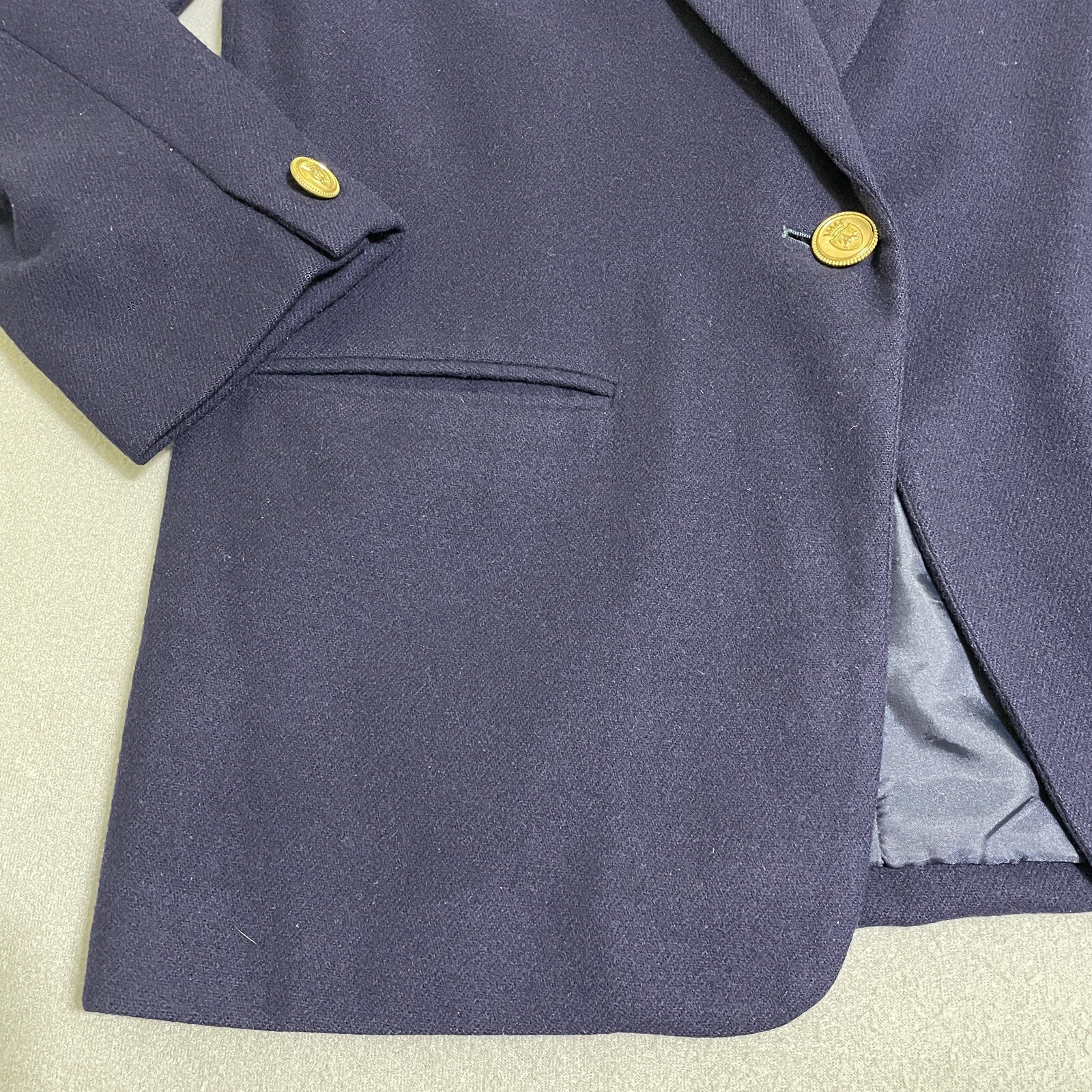 Vtg Womens WOOL BLAZER JACKET Gold Accent Buttons Preppy 90s Academic Navy Sz 8