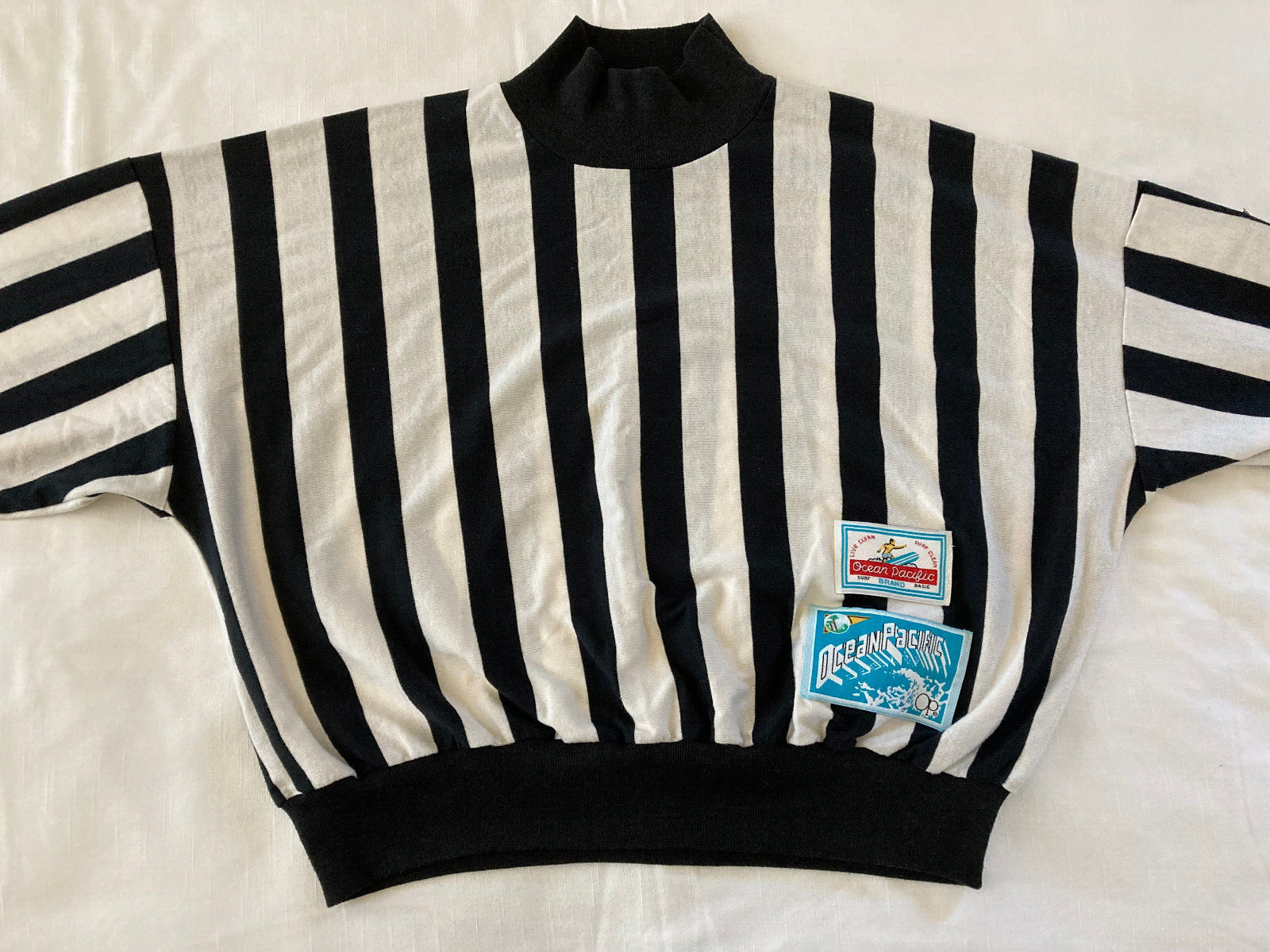 Vtg 80’s OP Ocean Pacific black white striped pullover long sleeve top graphics
