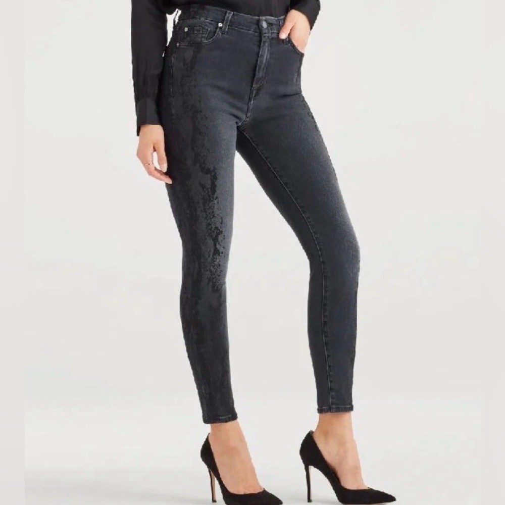 7 For All Mankind Luxe Vintage Aubrey Snake Print High Waist Black Jeans Size 28
