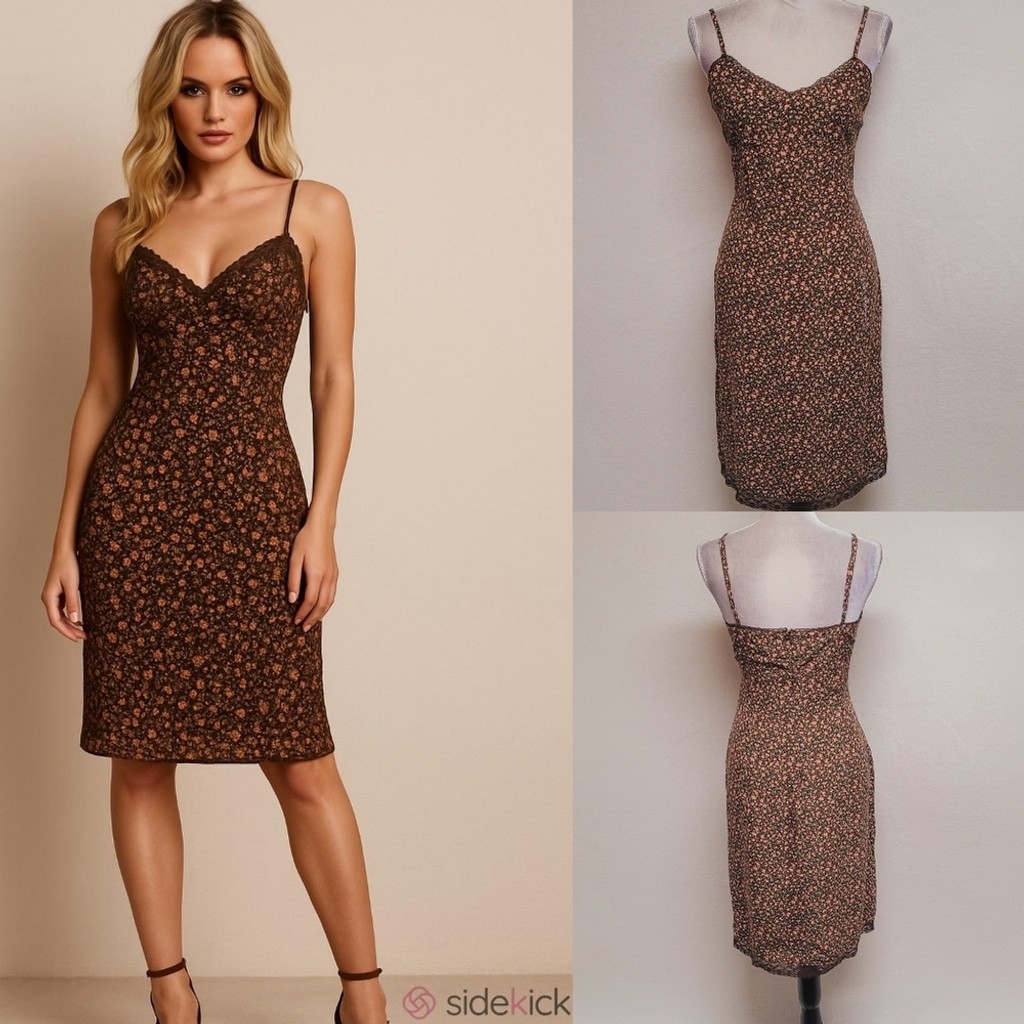Rare Vintage Y2K Deadstock Old Navy Brown Peach Ditsy Floral Lace Mini Dress 8