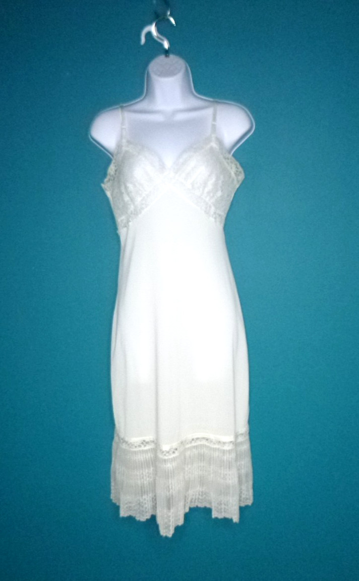 Vtg 50s Jean Vernon Fancy Off White Full Slip Lace Trim Pleated hem Sz S