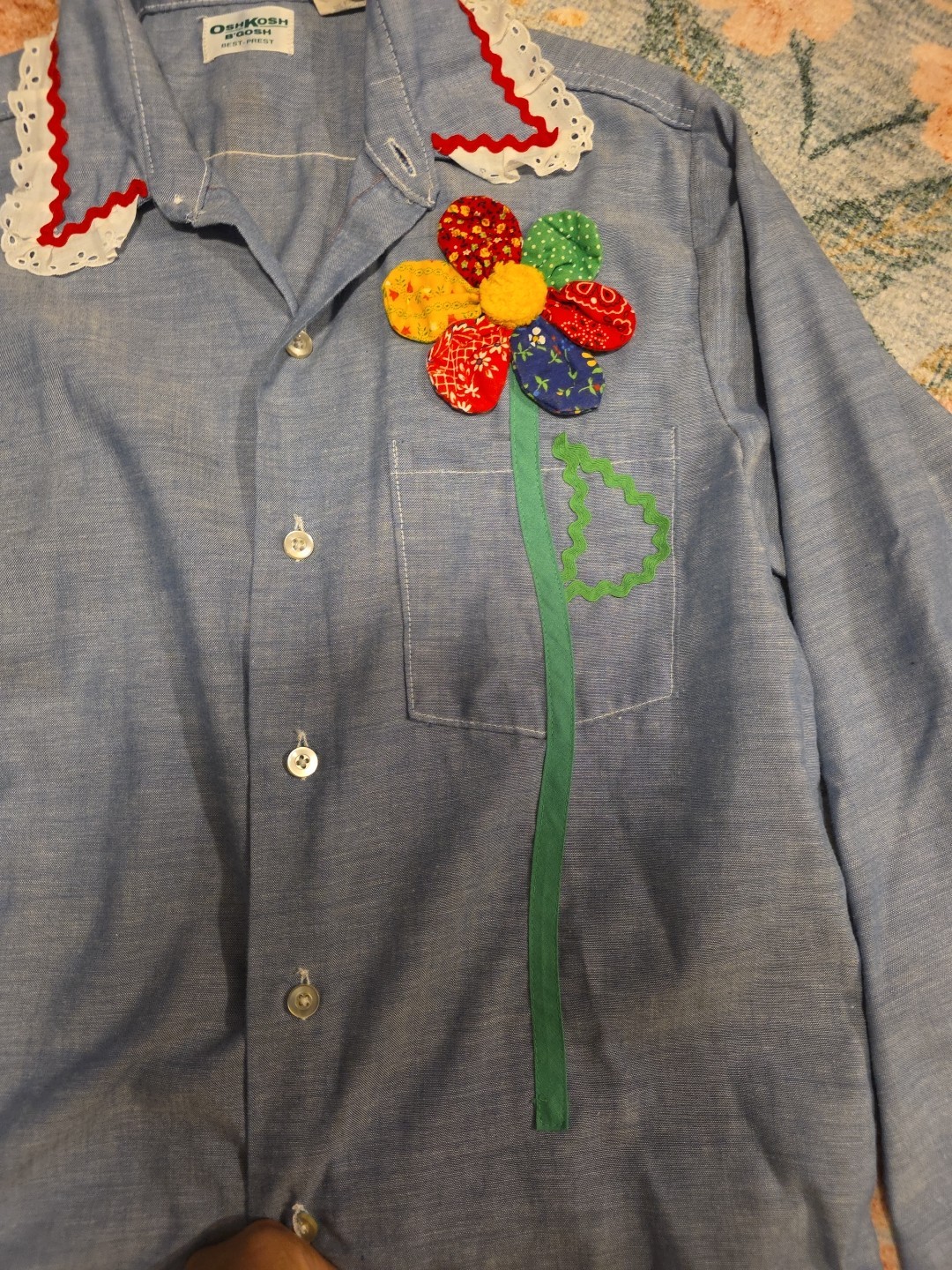 70s Women’s Osh Kosh B’Gosh Embroidered Chambray Lace Shirt Large Vintage