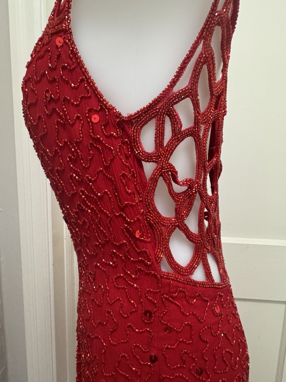 Sean Collection Vintage 90s Red Sequin Silk Gown Beaded Cage Back Formal L