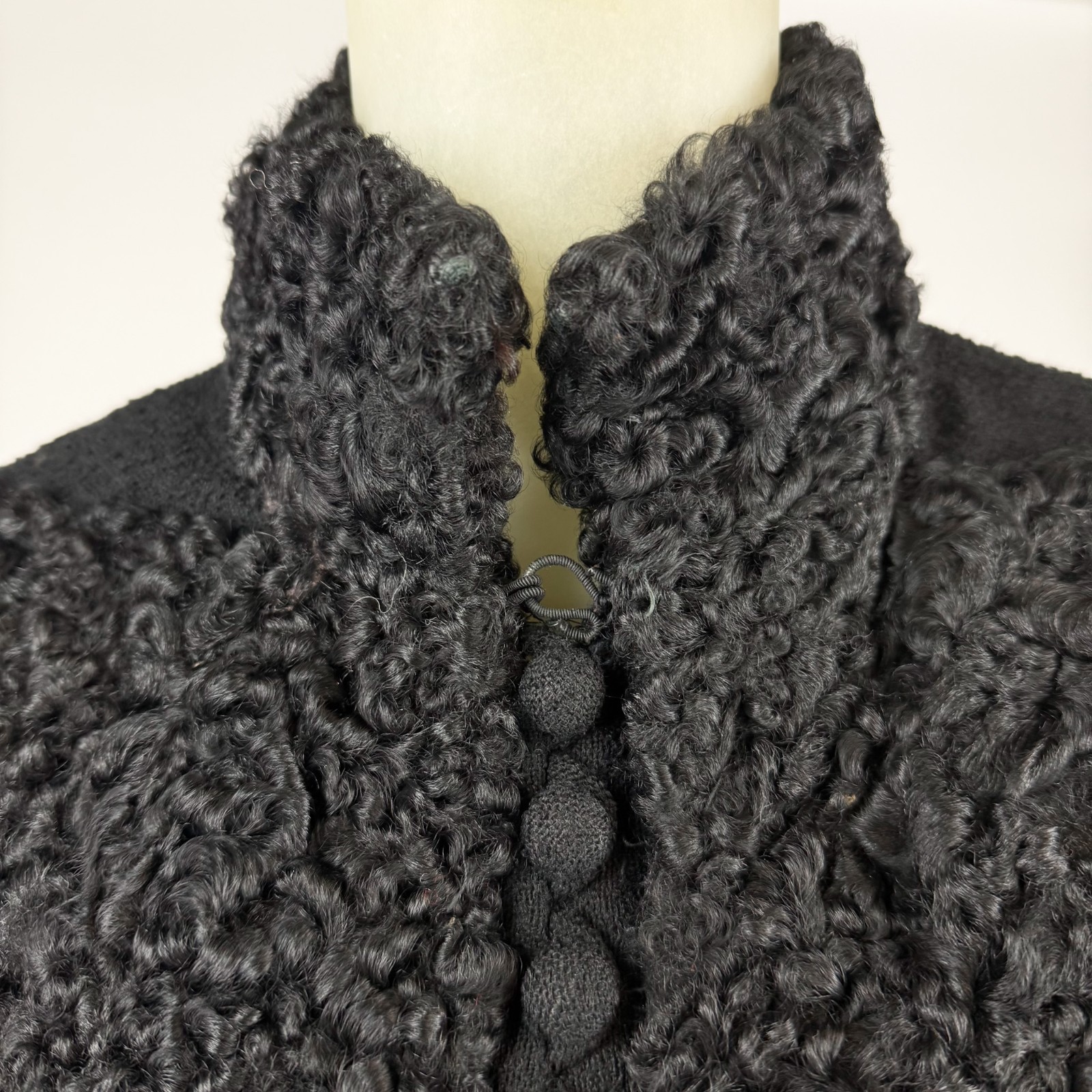 Antique Victorian Mourning Jacket Black Wool Astrakhan Fur High Collar Gothic XS