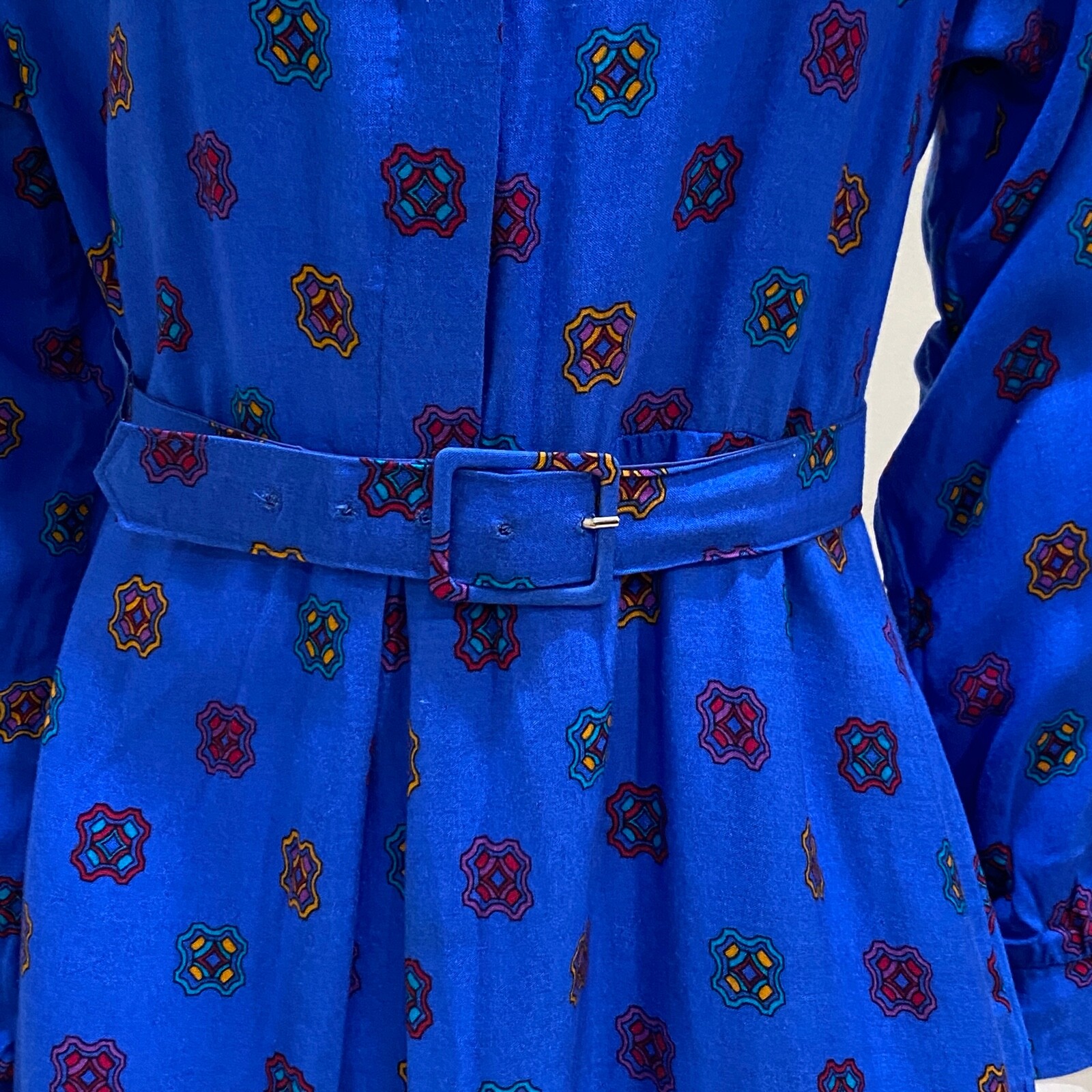Vintage Malouf Dress Women’s 14 Average Blue Floral Rayon Pockets Belt Midi