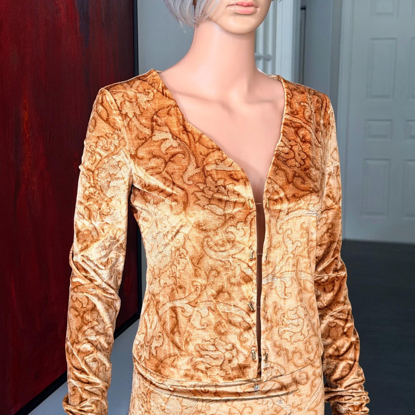 ROBERTO CAVALLI stretch velvet set top & skirt Baroque print from 1990s