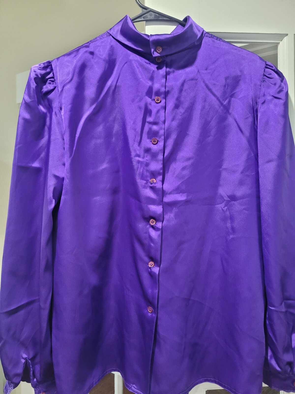 Vintage Compositions Shiny Purple Button Back High Neck Secretary Blouse Sz 12