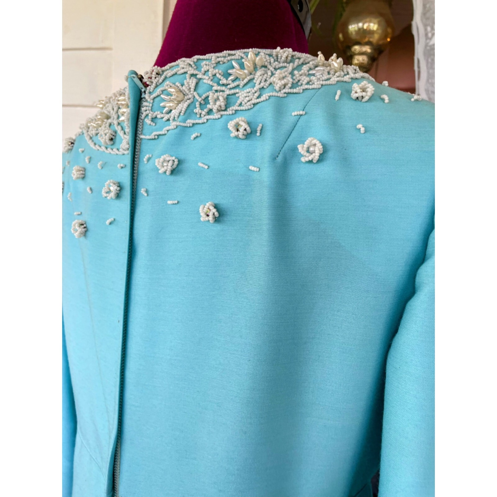 Vintage 1960s Blue Heavy Beaded Silk/wool Blend Midi Dress