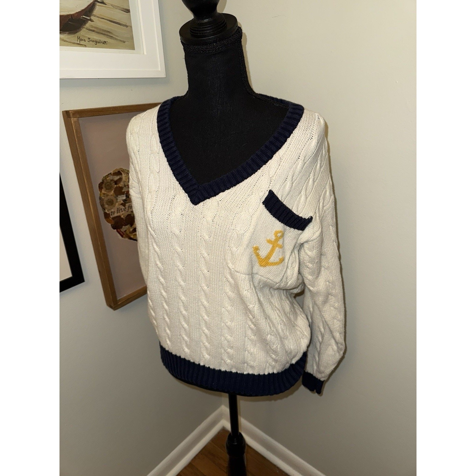 Vtg Anne Klein II Medium Cream Navy V-Neck Knit Sweater Yellow Anchor Pocket