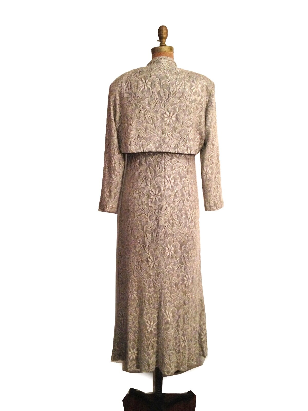 Vtg. 1950s Metallic Lace Evening Gown / Long Sheath / Cocktail Dress and Bolero