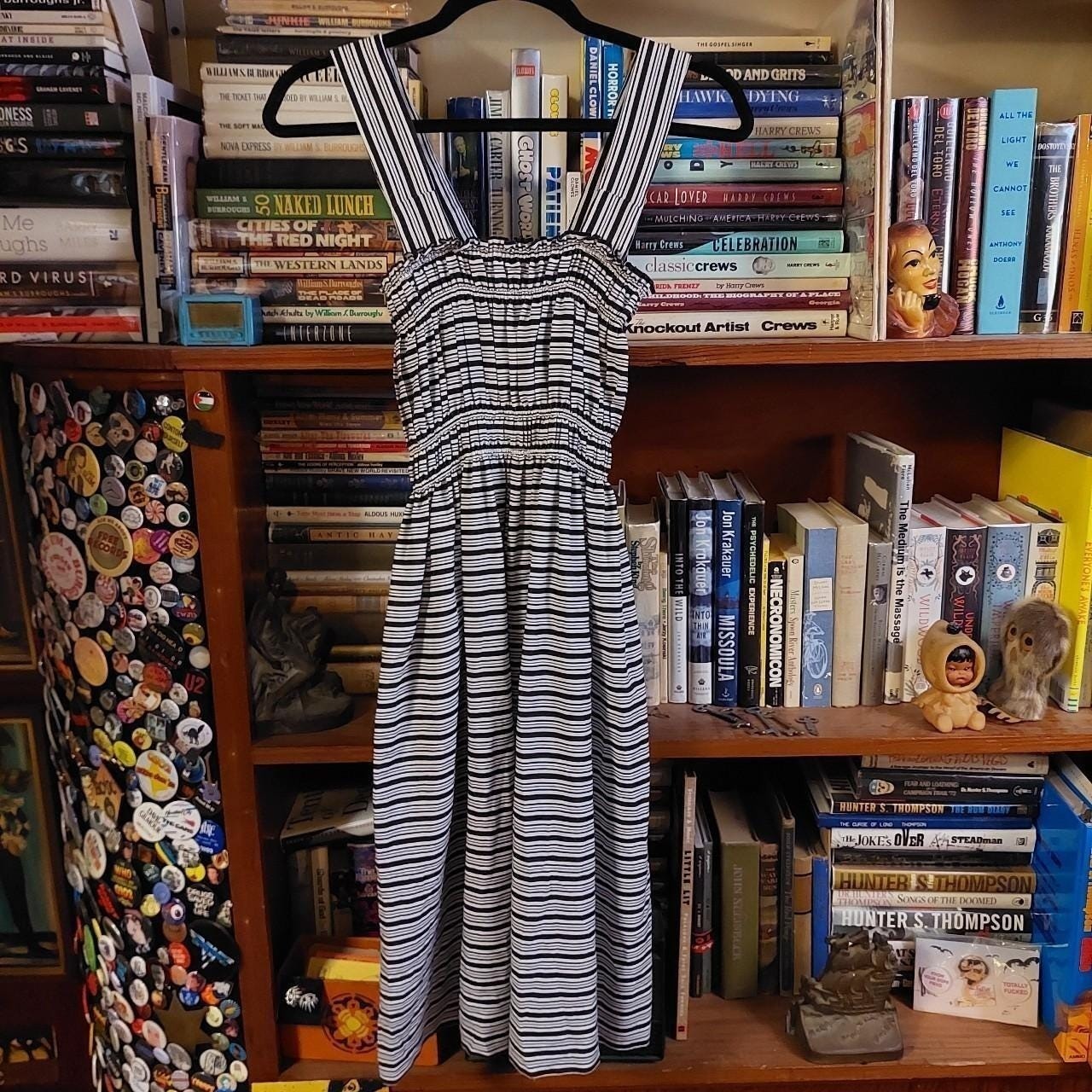 Vintage homemade black and white striped dress with elastic stretchy top.