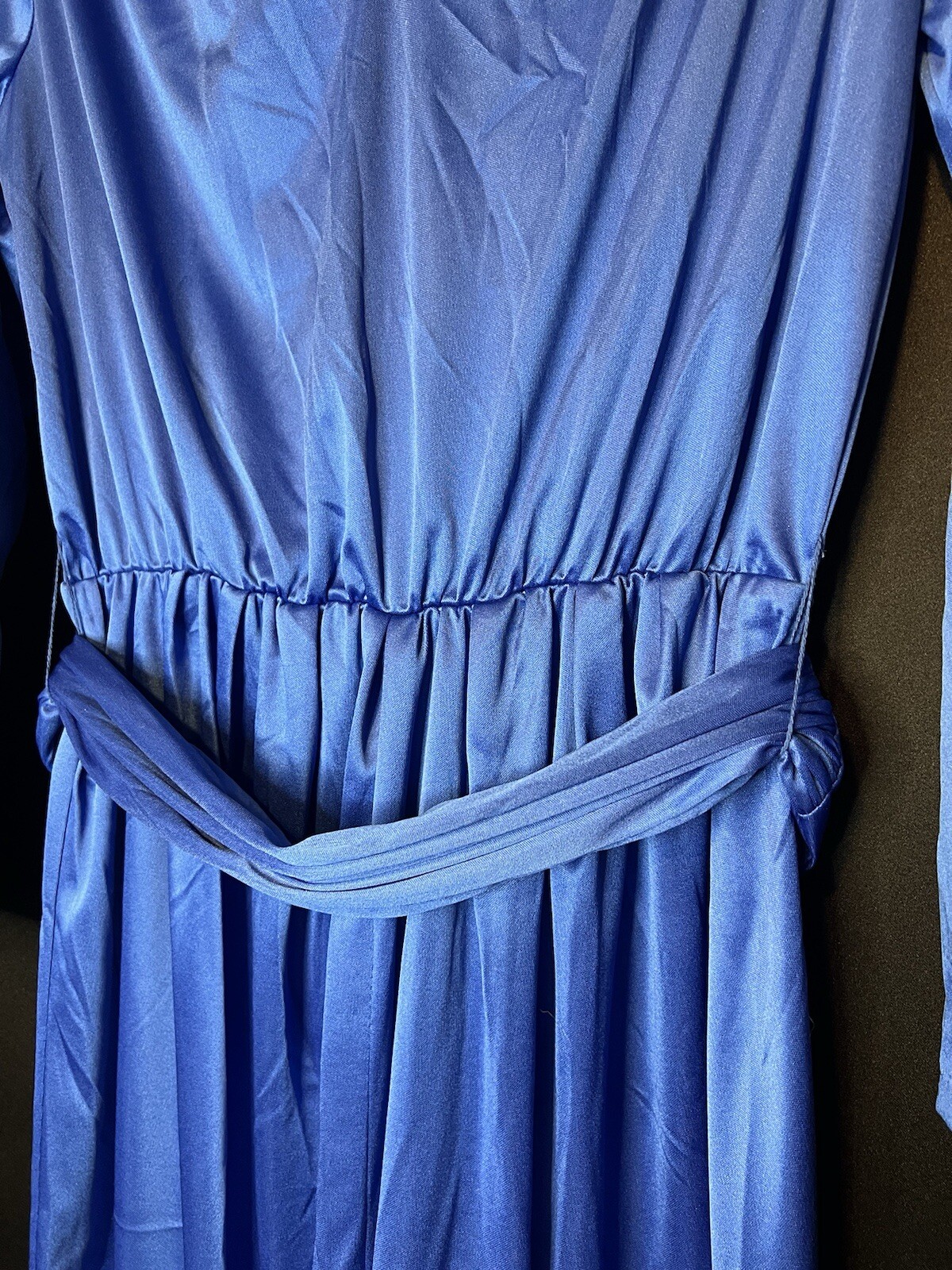 VTG Impromptu Belted Satin Chic Blue Dress Embellished Bejeweled Floral Accents