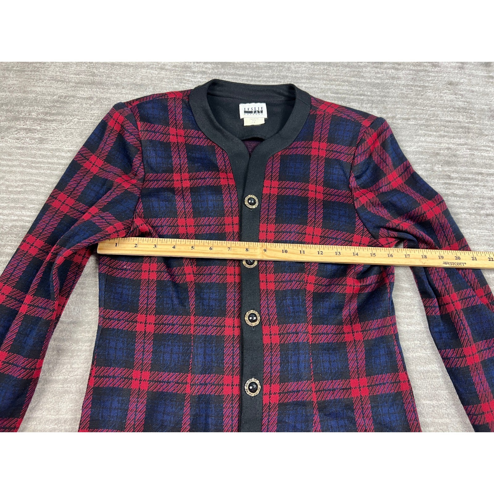 Leslie Fay Jacket Womens 8 Red Navy Plaid Vintage Knit Button Front Collarless