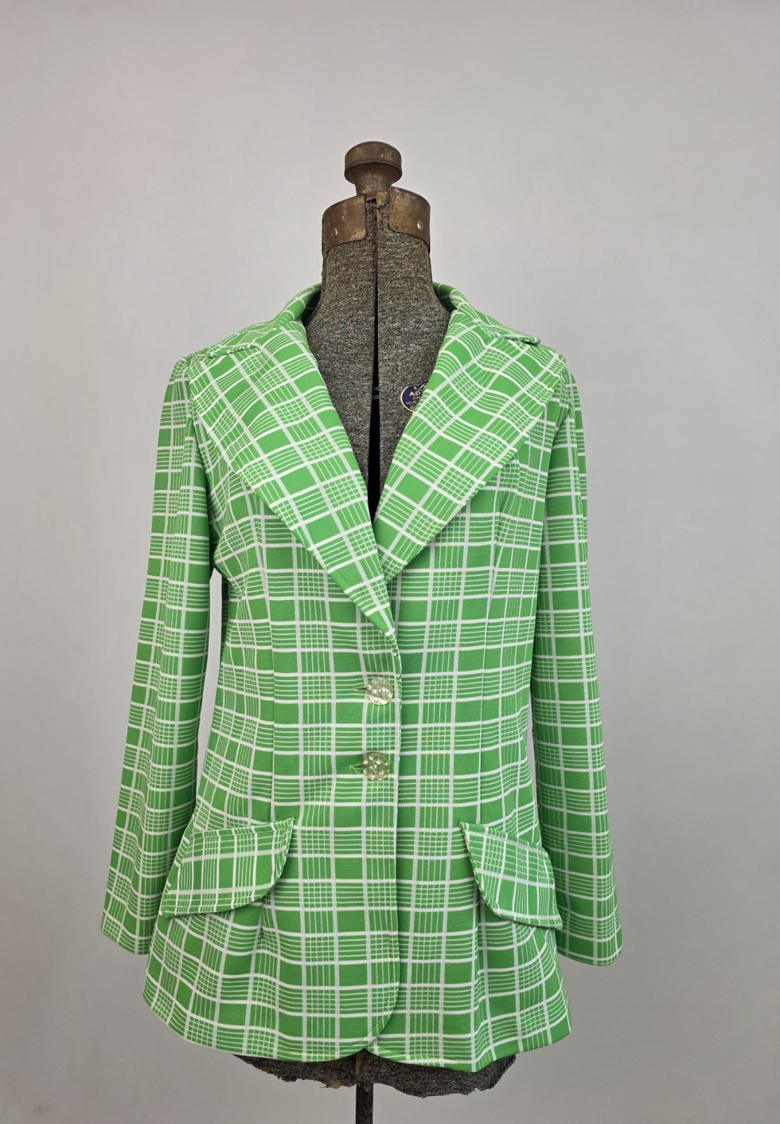 Russ Vintage 70’s Medium Green White Plaid Wide Peaked Lapel Jacket Size Medium