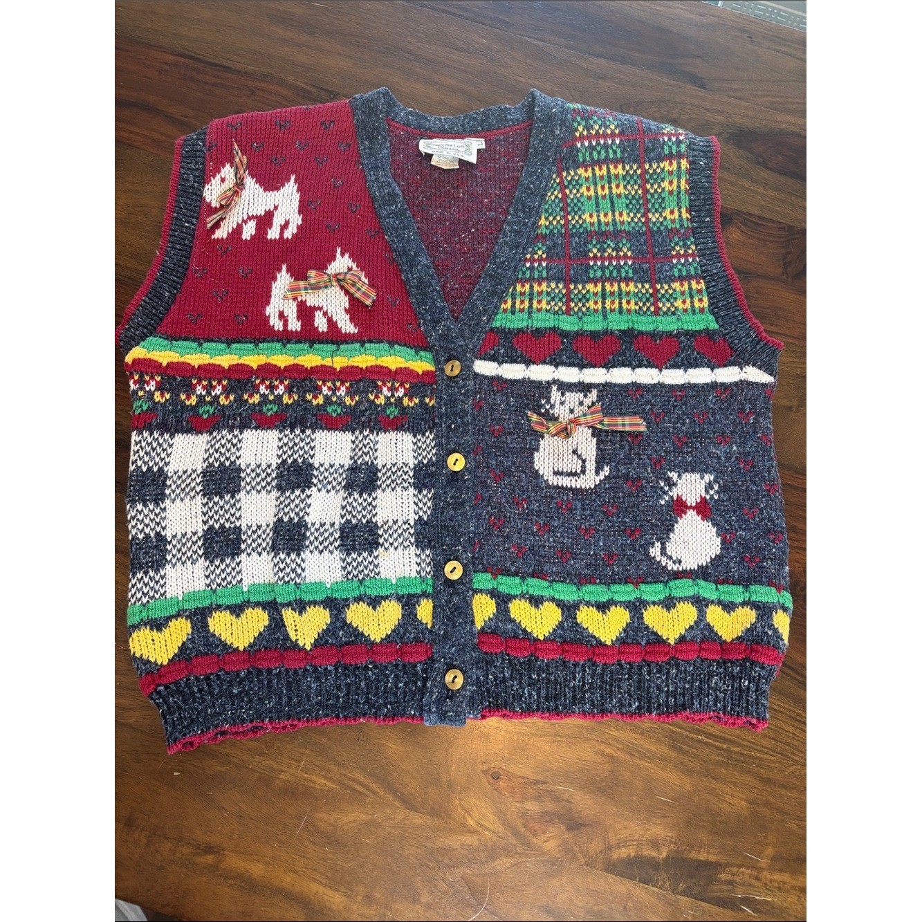 Vintage Sweater Loft Scottie Dog & Cat Knit Vest in Red, Green, Navy- Size L