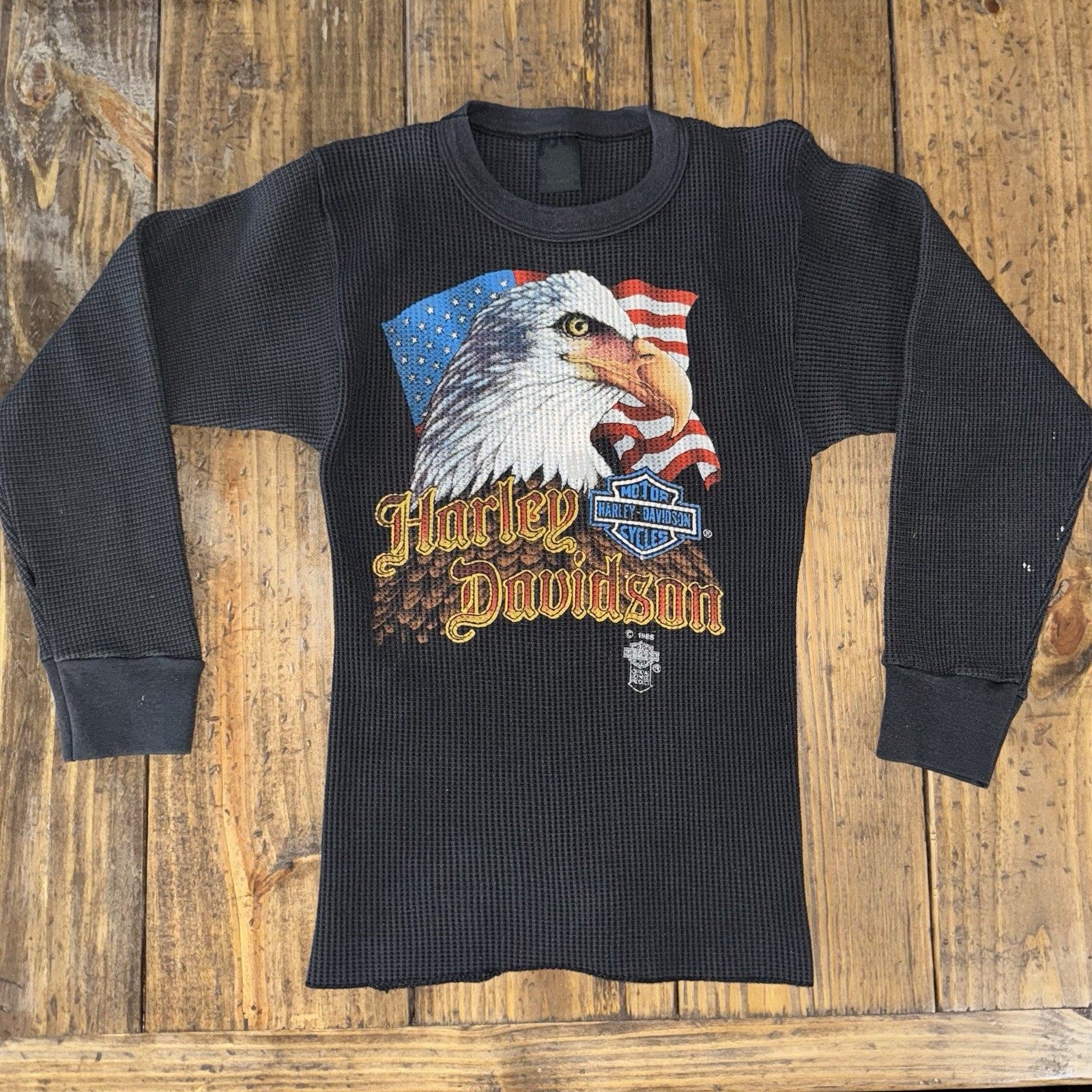Harley-Davidson Motorcycle 3D Emblem Vintage 1985 Waffle Thermal Shirt Small