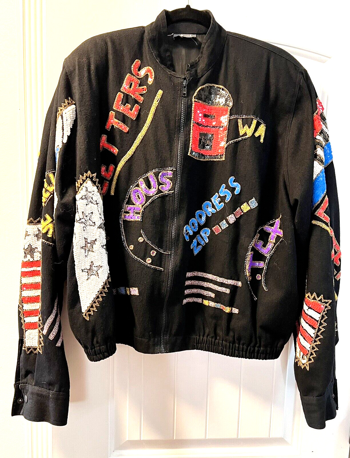 VTG 80’s MODI DENIM – US POSTAGE- Sequin Embellished Bomber Jacket Size 10/12