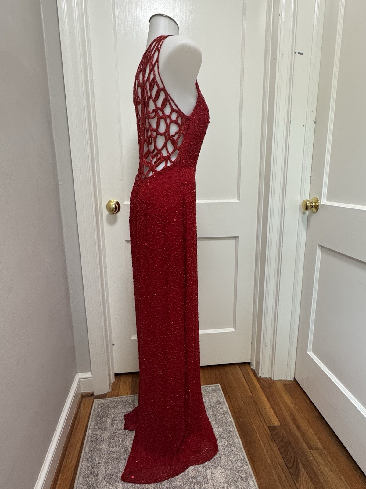 Sean Collection Vintage 90s Red Sequin Silk Gown Beaded Cage Back Formal L