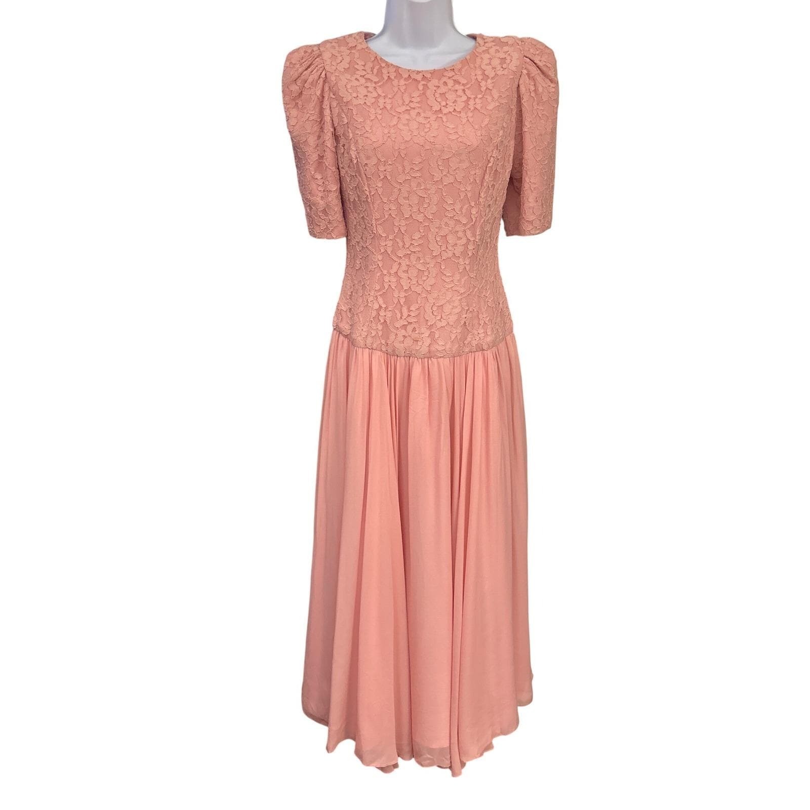 80s Vintage Pastel Pink Lace Chiffon Dress Romantic Cottagecore Coquette Retro