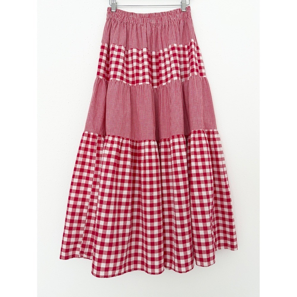 Vtg Red Gingham Plaid Patchwork Tiered Maxi Skirt Cottagecore Prairie Boho (S-L)