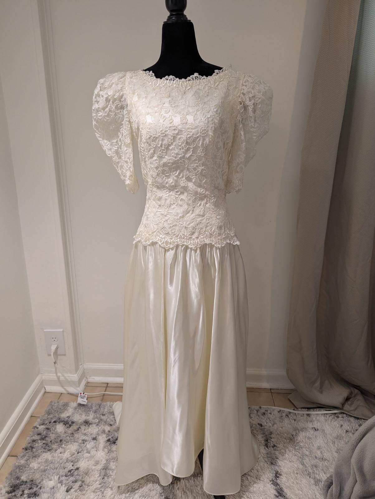 Vintage 1990s ILGWU Union Made Ivory Satin Wedding Dress Sequin Pearl Open Back