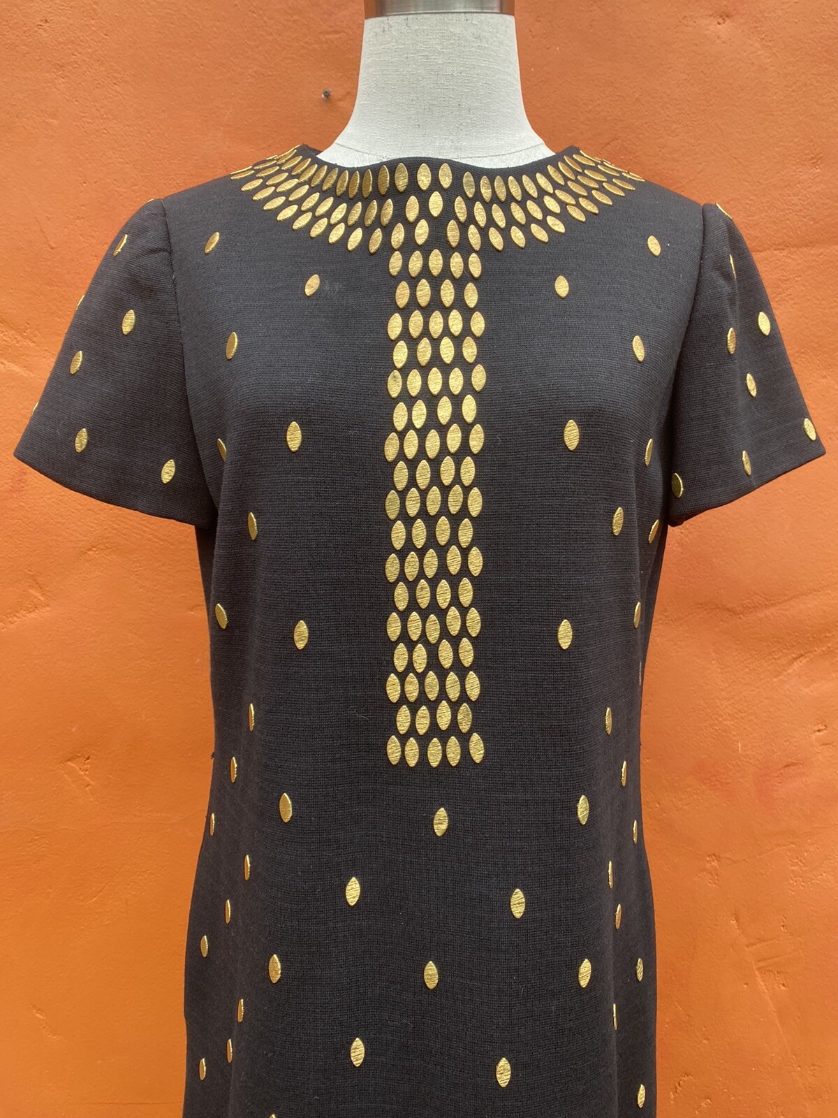 Vintage 1960s Mod Wool Sheath Dress Black Gold Metal Beaded Carlye pockets