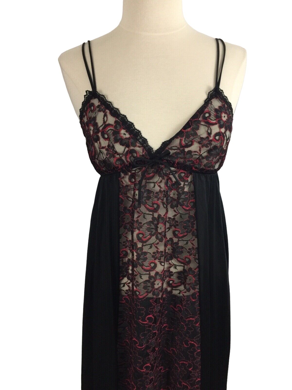 Vintage Jill Andrea Women’s M Nightgown Black Red Sheer Lace Long Gown Goth