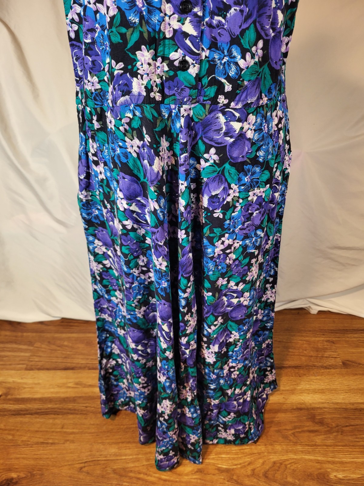 Vintage S Roberts Size 11 Dress Purple Green Blue Floral Button Front Sleeveless