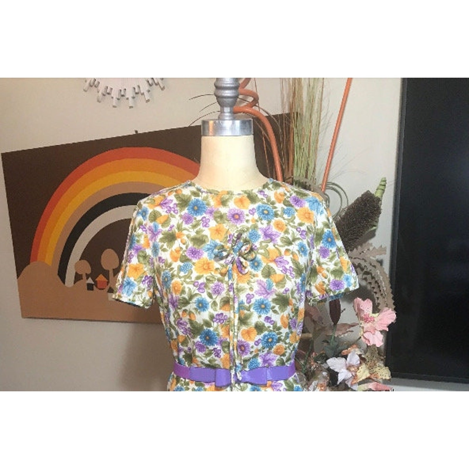 Vintage 1960s Frances Brewster Shift Dress Cotton Floral Mod Blue Purple Yellow