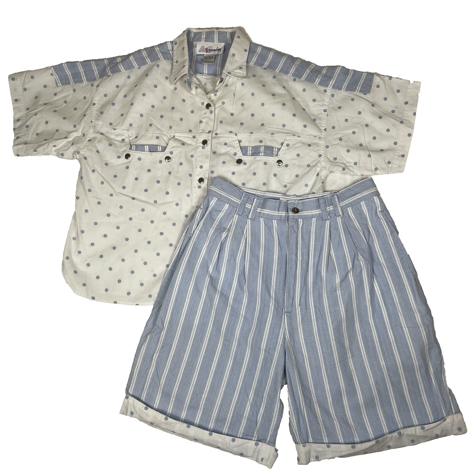 AJ Brandon 80’s Pleated Shorts(13/14) and Shirt(L) Vintage Set Blue and White