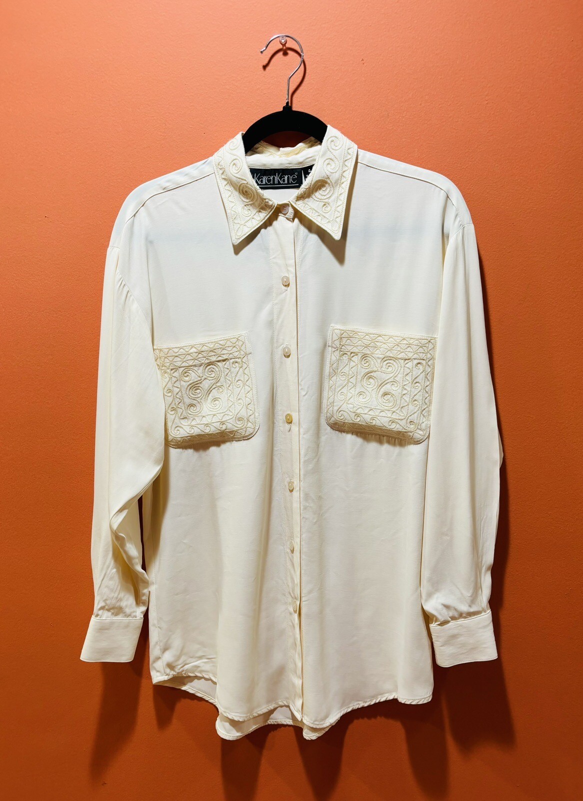 Vintage Embroidered Ivory Blouse Top Sz L 80’s Office Career Secretary Made USA