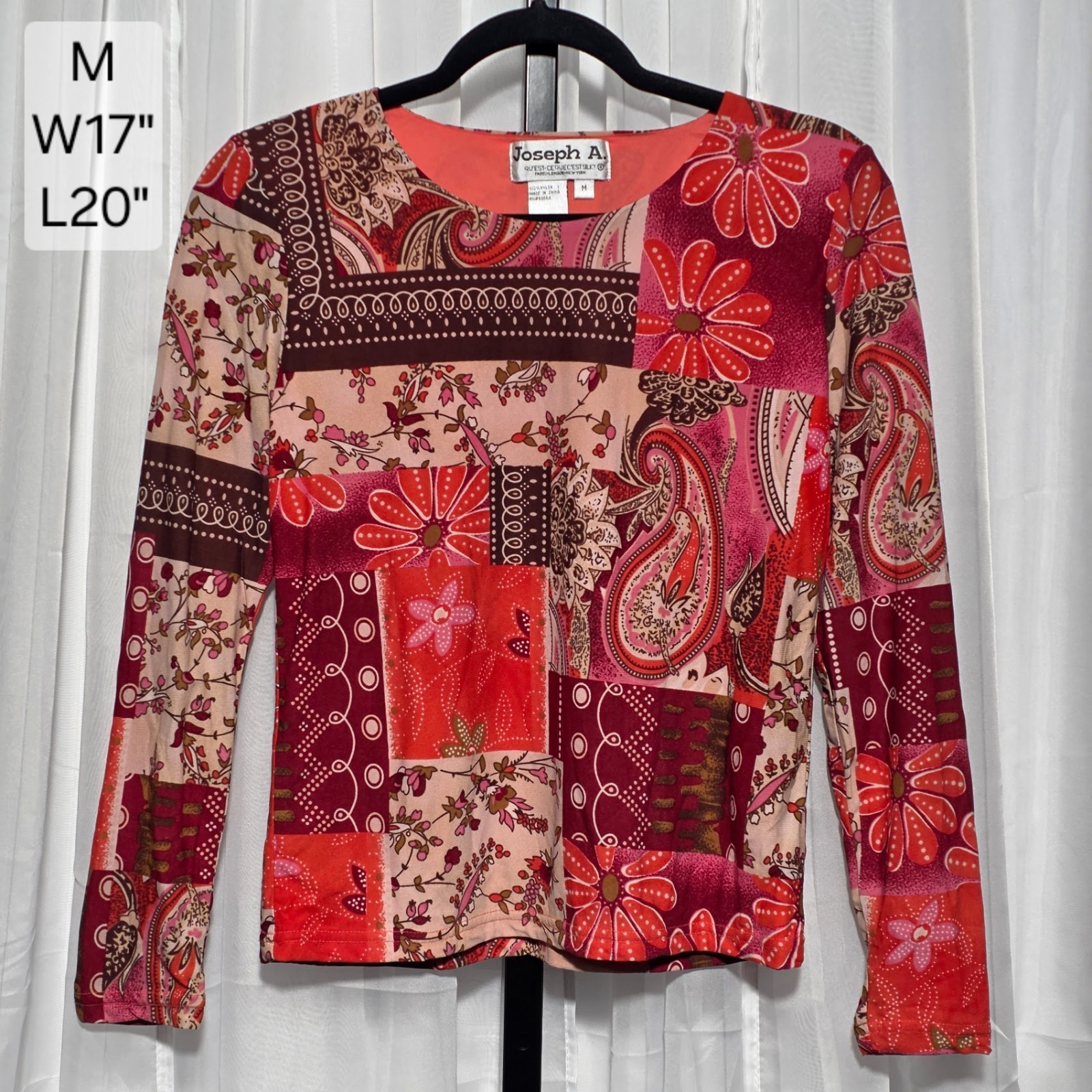 Vintage Joseph A. Y2K Patchwork Paisley Slinky Top Nylon Red Pink Medium