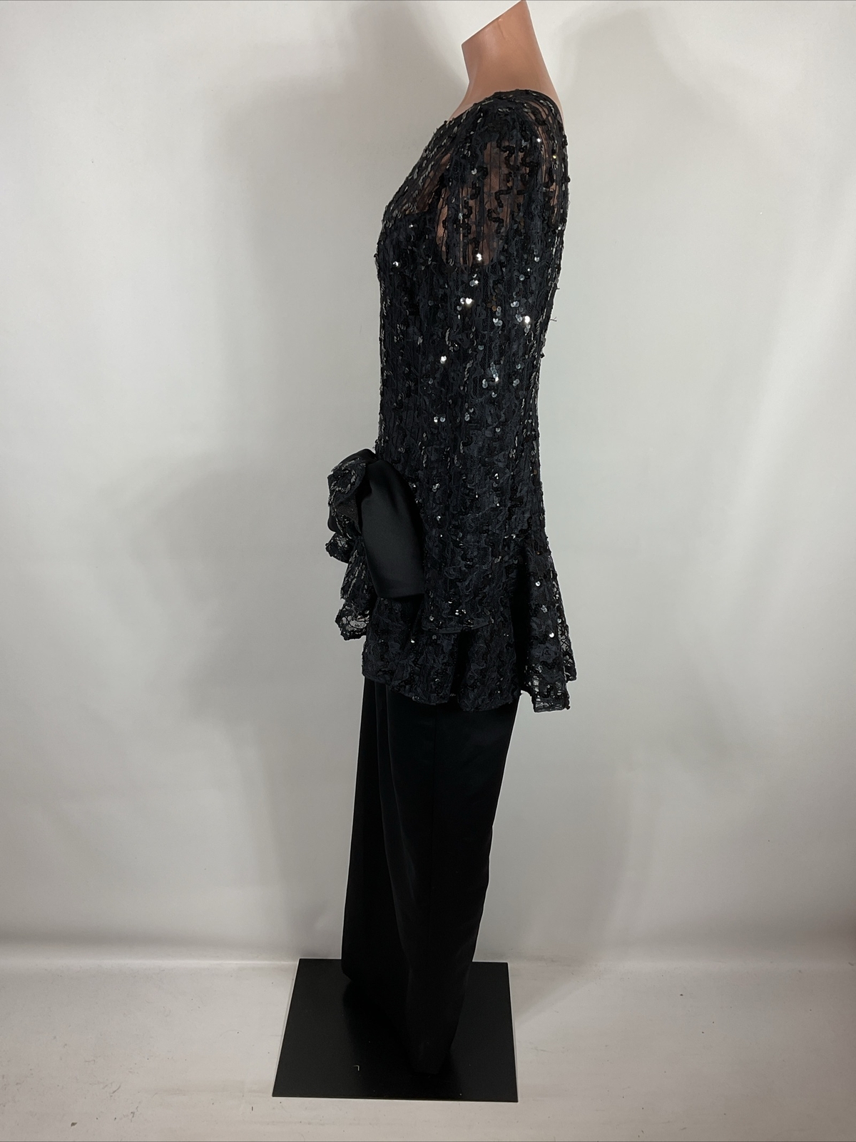 80s VTG Black Sequin Satin Sleeve Prom Party Formal Dress Long Sleeve M/L Bow
