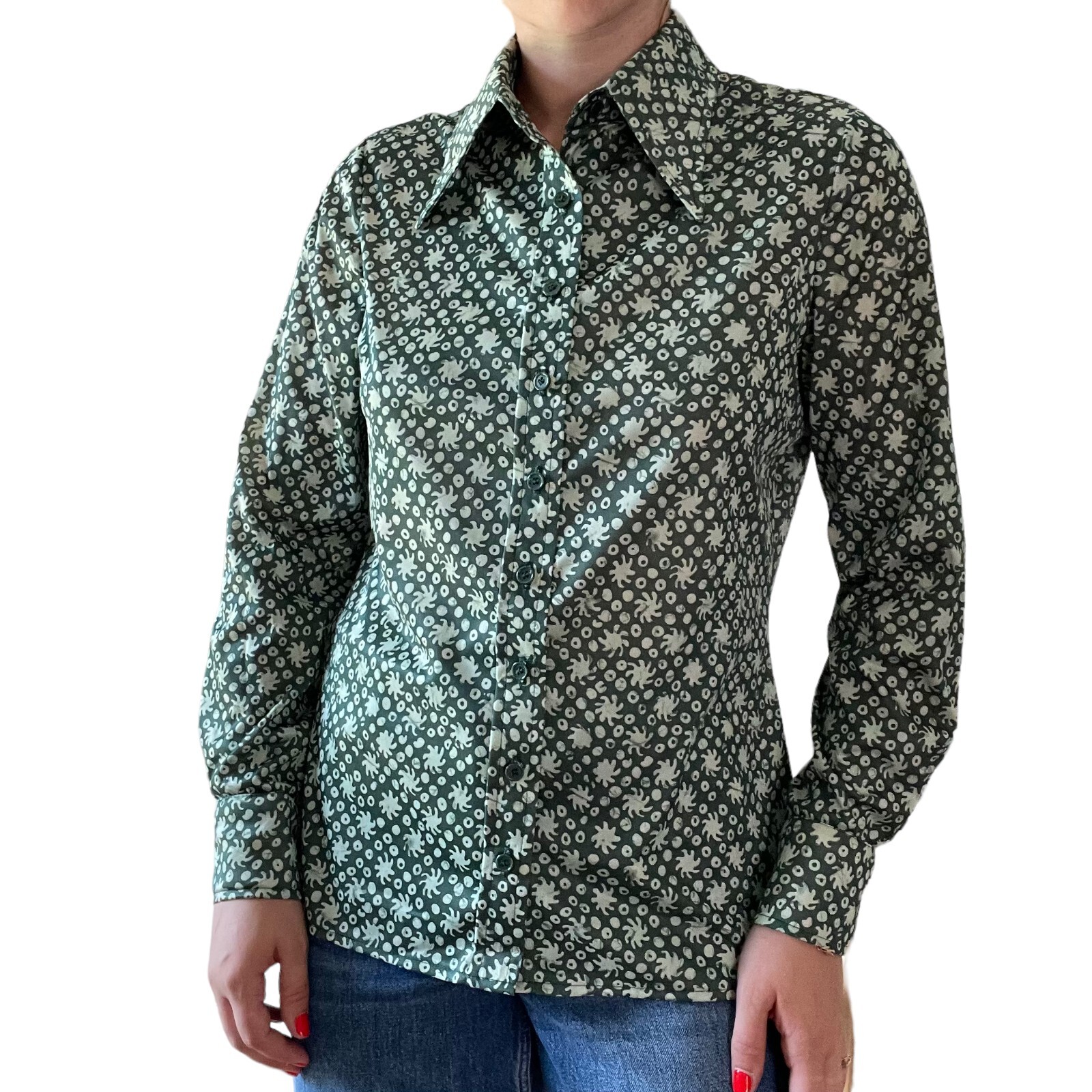 Vintage 1970s Womens Neusteters Green Retro Disco Collar Psychedelic Blouse Sz M