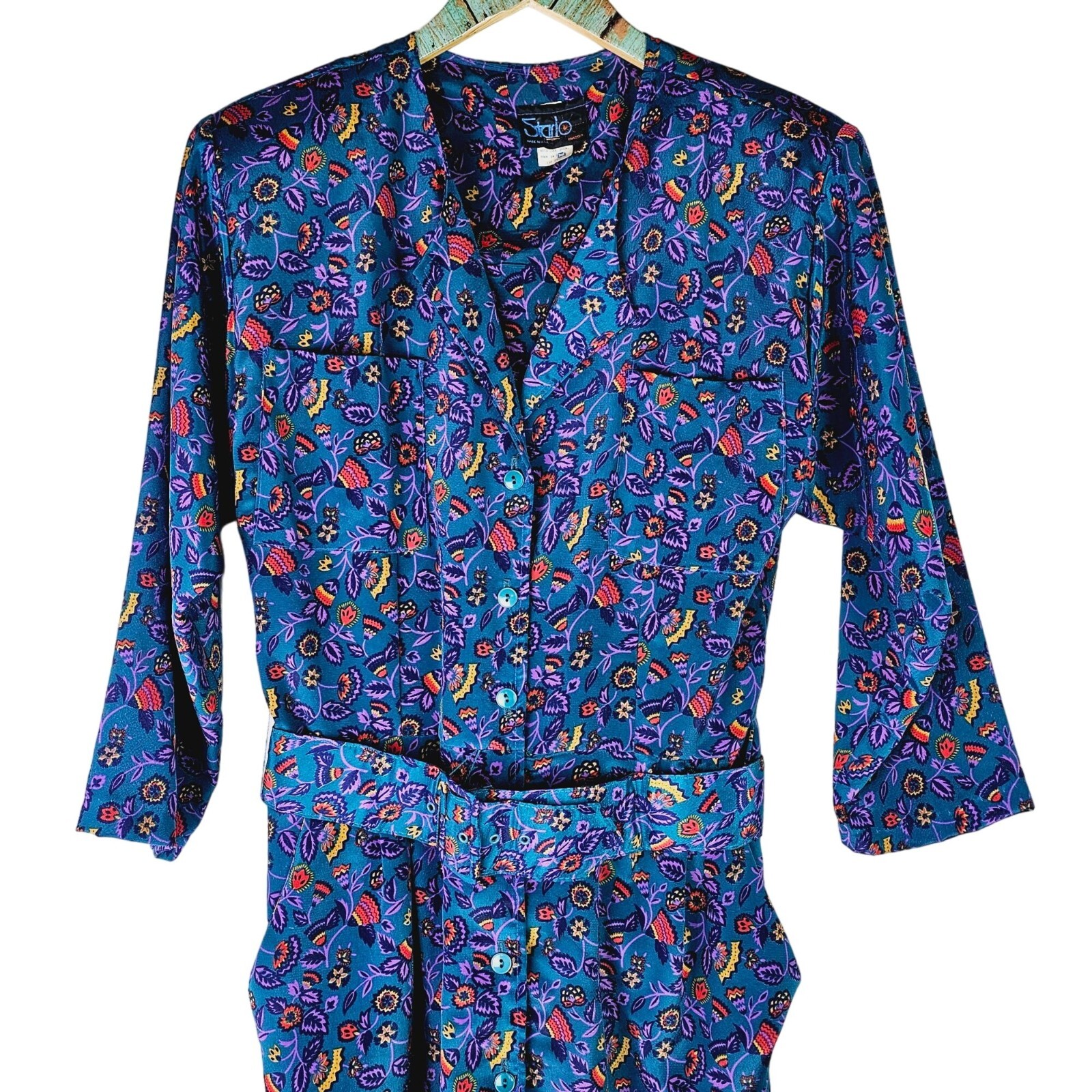 Vtg 1980’s Starlo Women’s Button Front Midi Belted Floral Dress w/ Pockets Sz 12