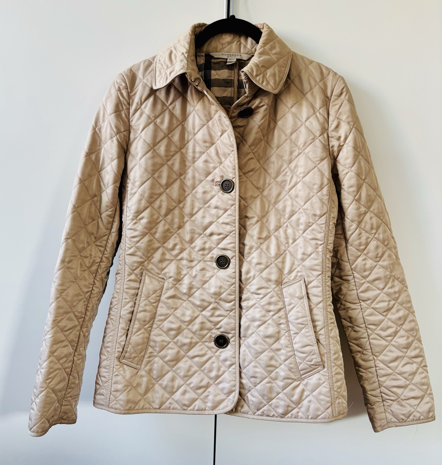 Burberry Brit Tan Quilted Jacket Size PS Vintage Plaid Logo on Buttons