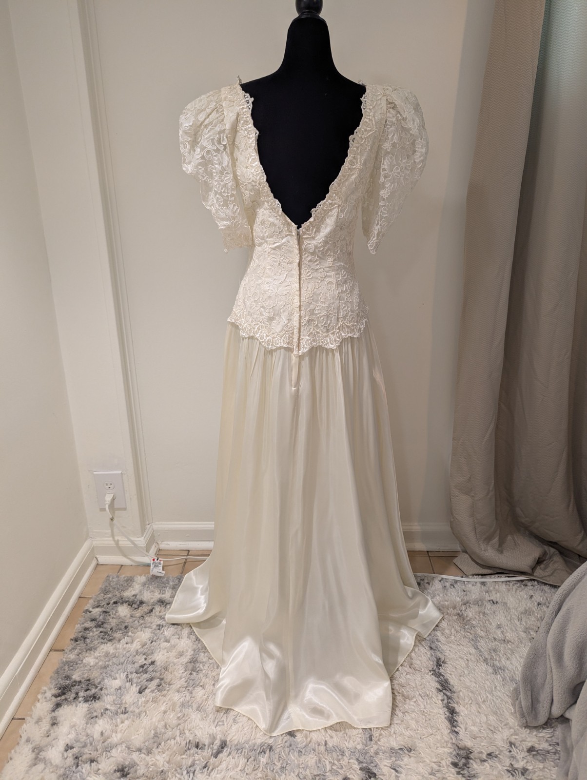 Vintage 1990s ILGWU Union Made Ivory Satin Wedding Dress Sequin Pearl Open Back