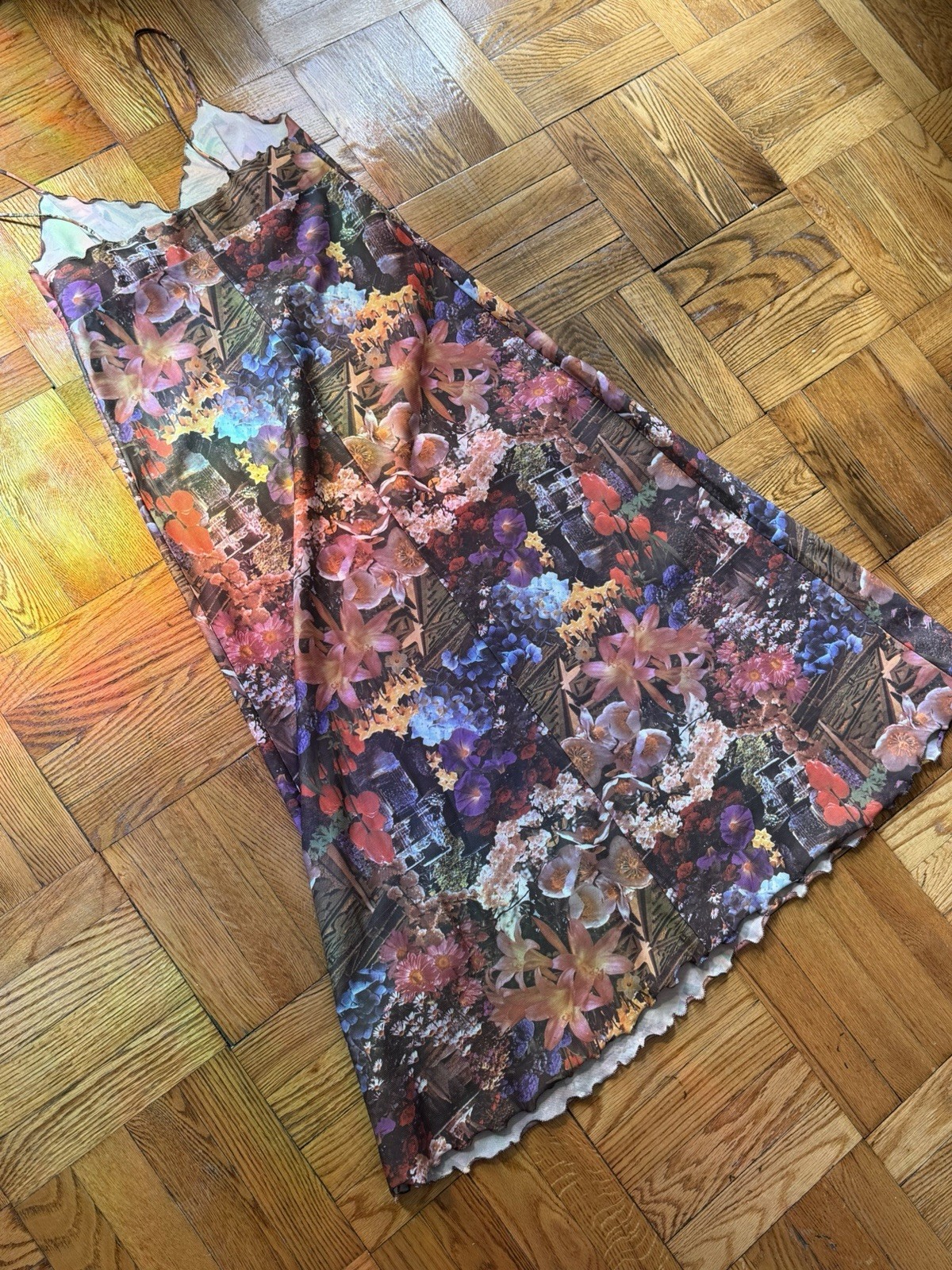 Vintage 70s Photo Print Polyester Floral Labyrinth Maxi A Line Dress Large