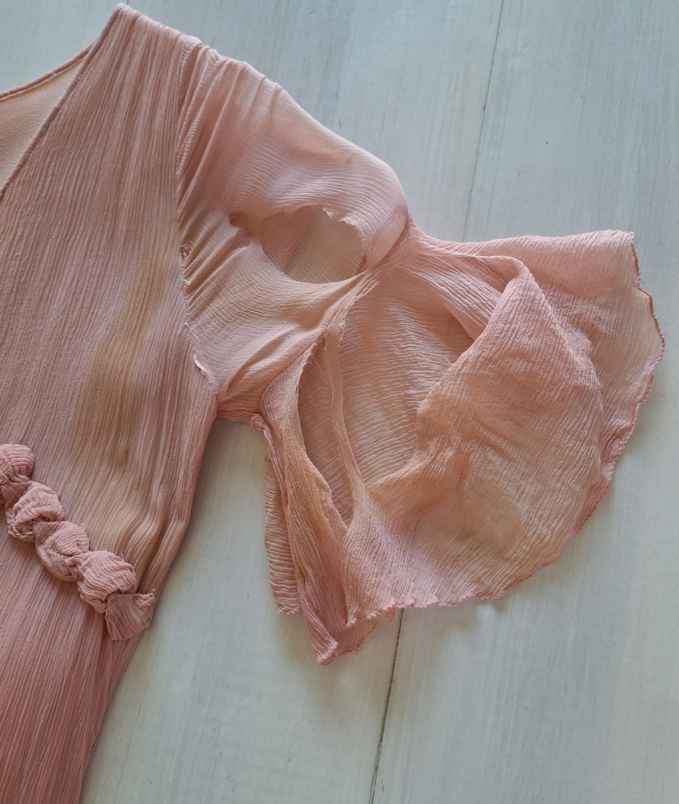 Antique 1930s Peach Chiffon Dress Rosette Trim Flutter Sleeve AS IS Art Deco
