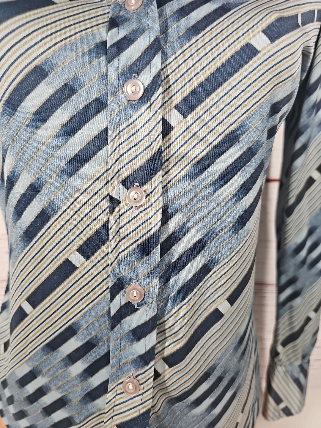 Vintage Organically Grown Oh Gee! Arpeja Button Front Shirt Blue Gold Stripes M
