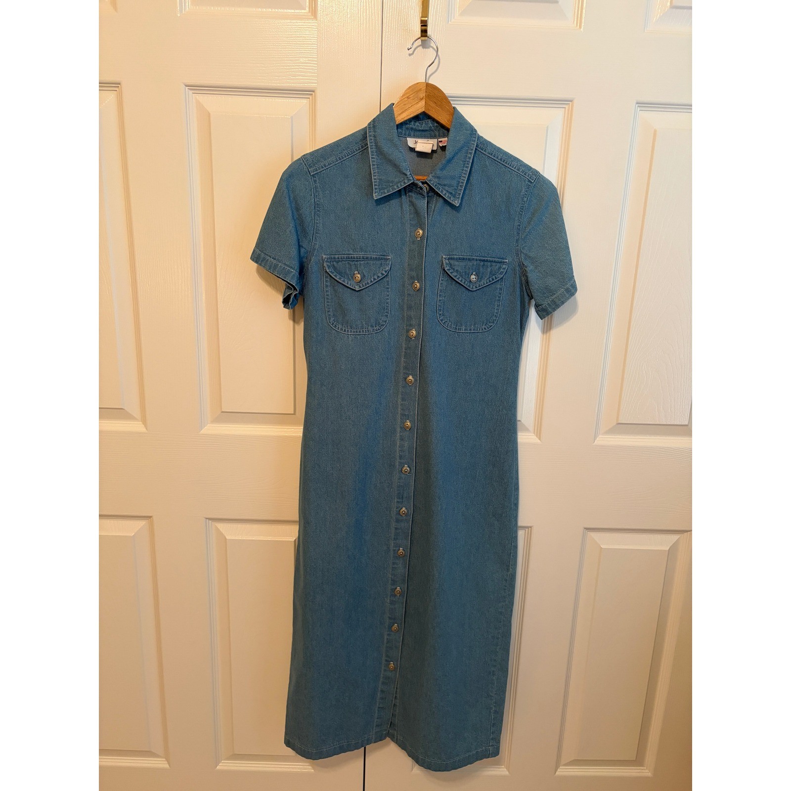 Vintage Jody California Womens Denim Maxi Shirt Dress Blue Button Front USA Made