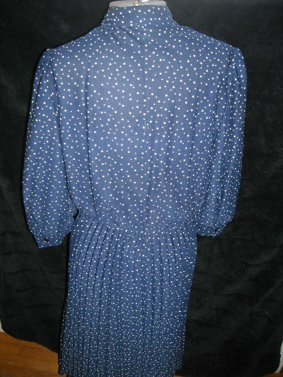 VTG 60S WOMENS 12 BLUE POLKA DOT PRINT 40S 50S STYLE SECRETARY POLYESTER DRESS